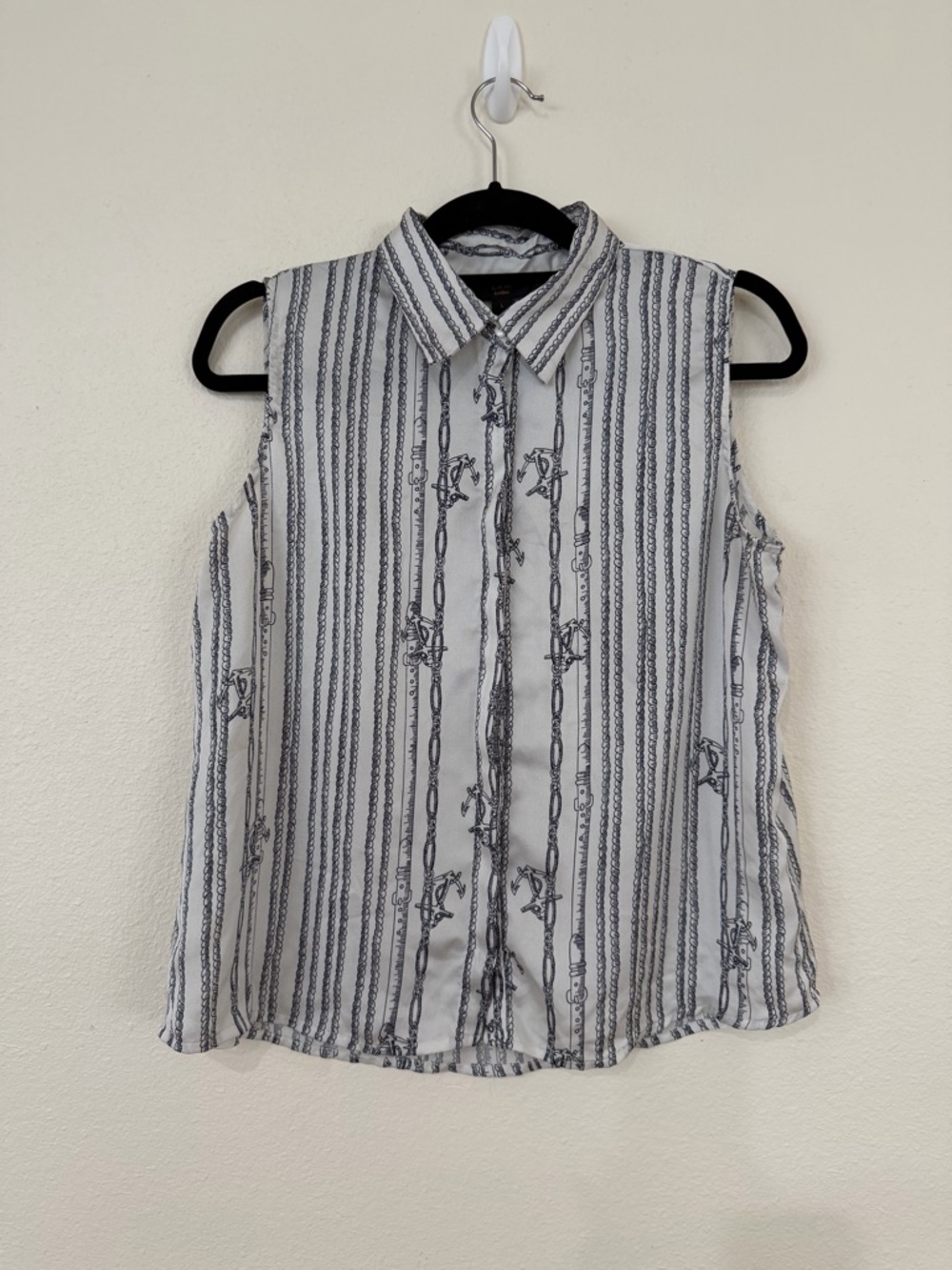 Sleeveless Collared Stripe Anchor Blouse - White and Blue
